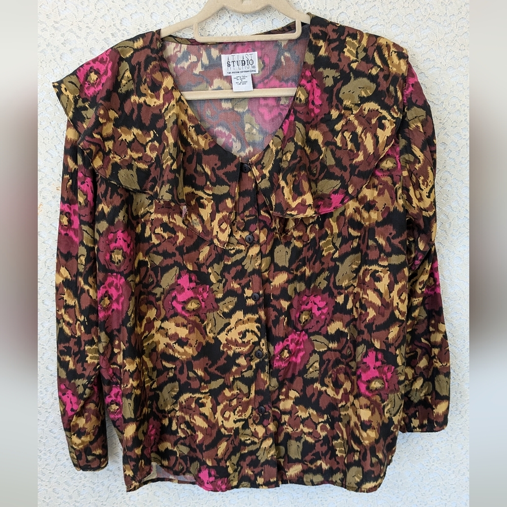 Vintage 90s Silk Dark Floral Poet Blouse